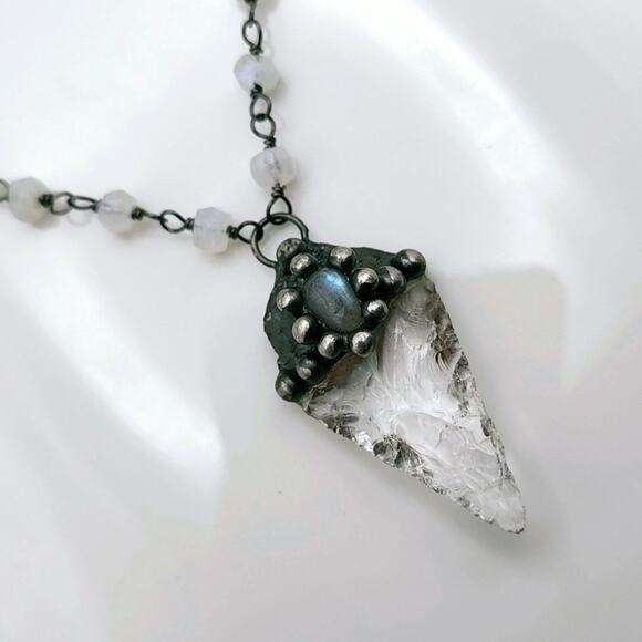 Genuine Labradorite & Quartz Crystal Arrowhead Necklace - Picture 2 of 5
